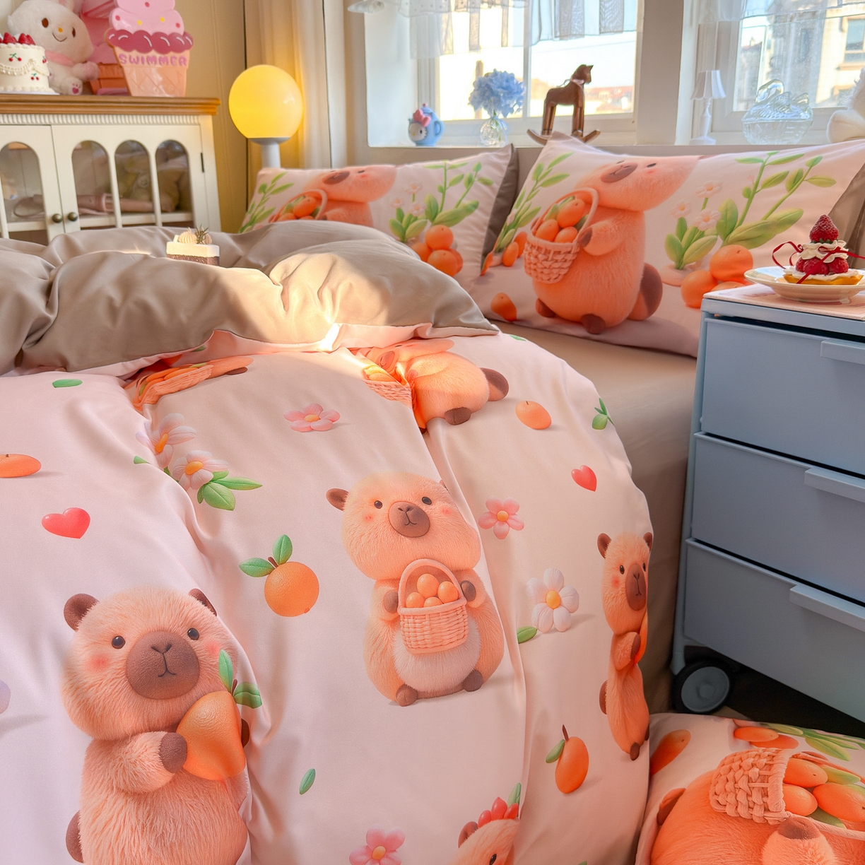 91家纺网 家纺一手货源 找家纺 优卡迪家纺馆 2025新款110克5D数码印花四件套 橙子卡皮