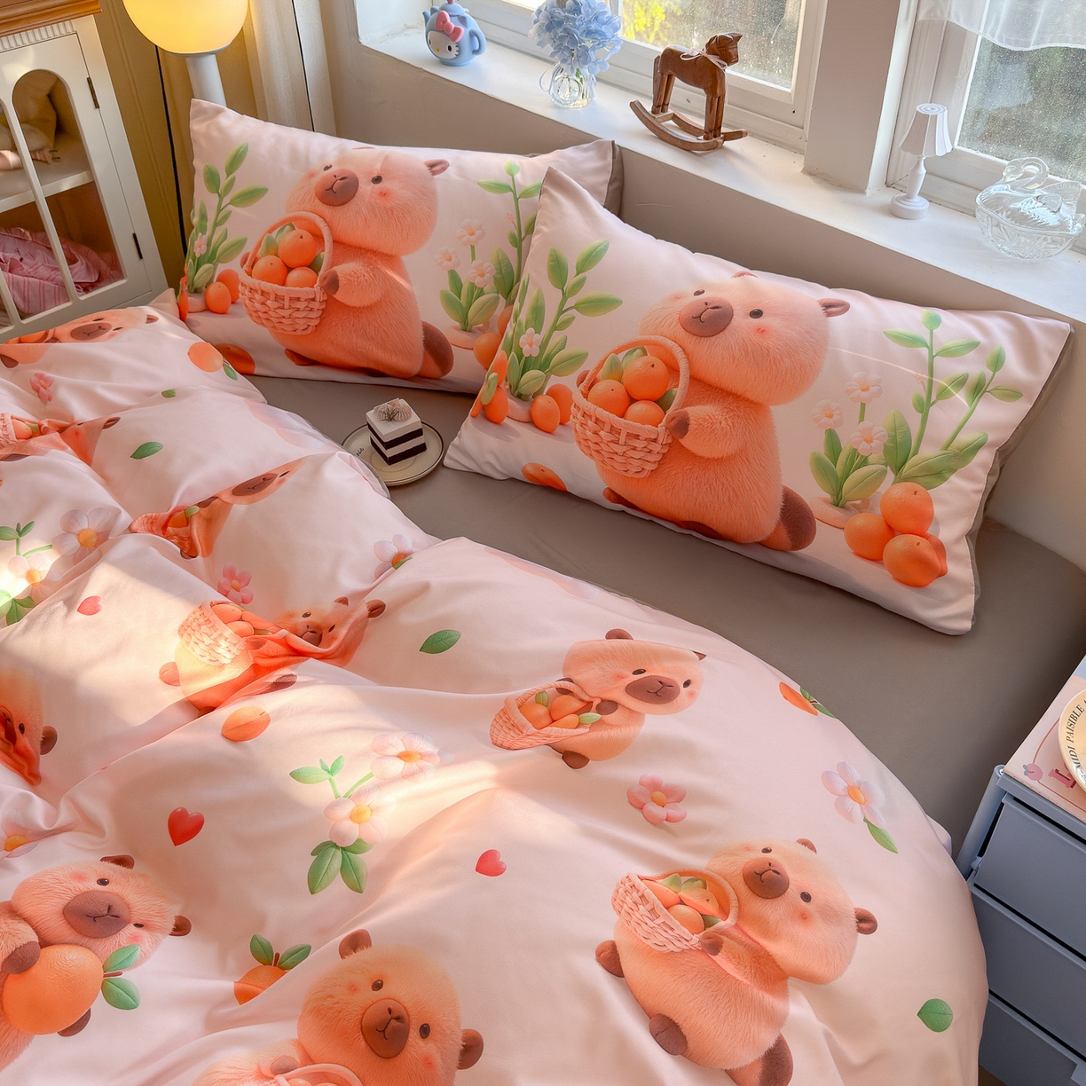 91家纺网 家纺一手货源 找家纺 优卡迪家纺馆 2025新款110克5D数码印花四件套 橙子卡皮