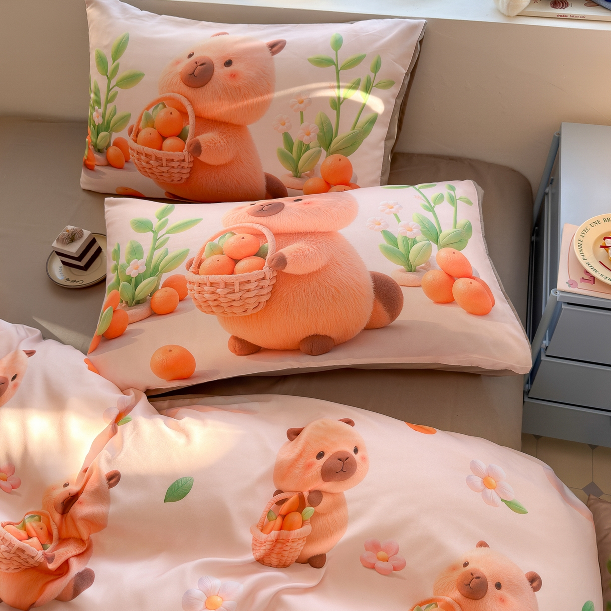 91家纺网 家纺一手货源 找家纺 优卡迪家纺馆 2025新款110克5D数码印花四件套 橙子卡皮