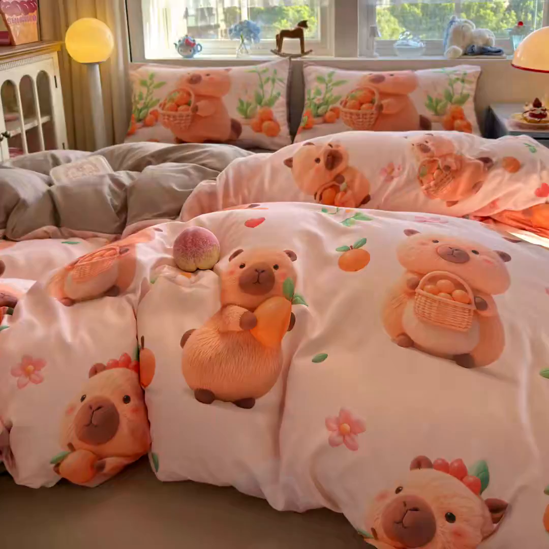 91家纺网 家纺一手货源 找家纺 优卡迪家纺馆 2025新款110克5D数码印花四件套 橙子卡皮