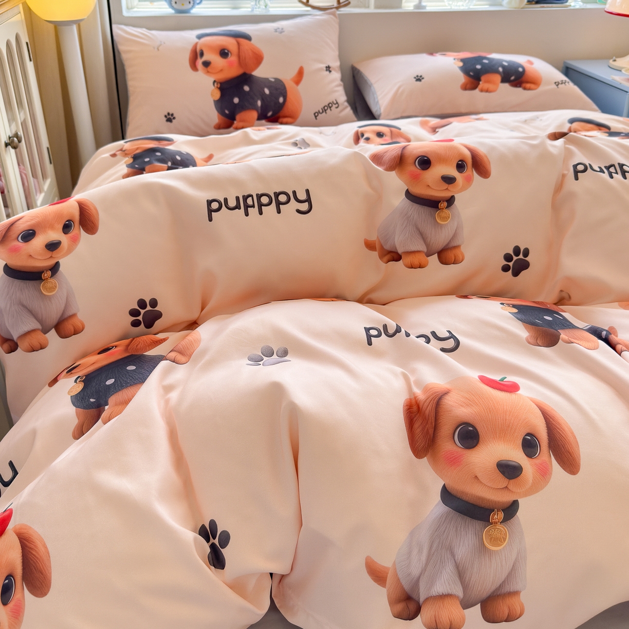 91家纺网 家纺一手货源 找家纺 优卡迪家纺馆 2025新款110克5D数码印花四件套 呆萌狗狗