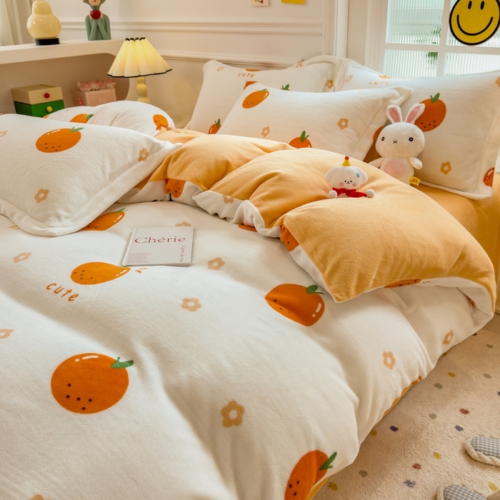 91家纺网 家纺一手货源 找家纺 丝羽坊 2025新款200克加厚小清新牛奶绒床单款 床笠款四件套 被套 心想事橙