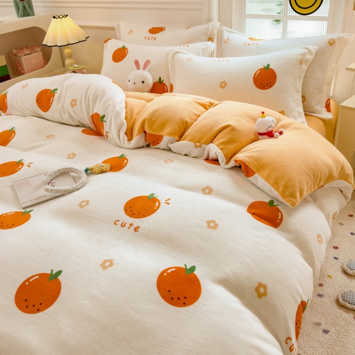 91家纺网 家纺一手货源 找家纺 丝羽坊 2025新款200克加厚小清新牛奶绒床单款 床笠款四件套 被套 心想事橙