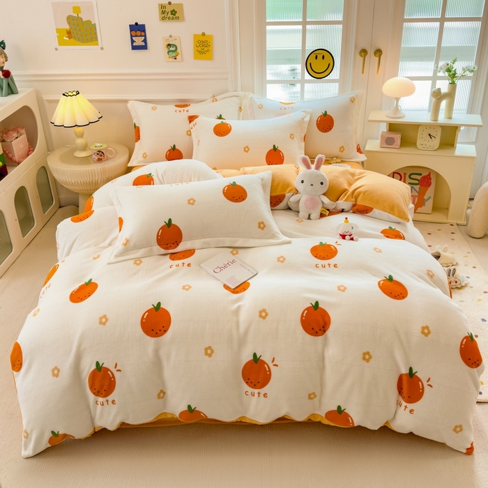 91家纺网 家纺一手货源 找家纺 丝羽坊 2025新款200克加厚小清新牛奶绒床单款 床笠款四件套 被套 心想事橙