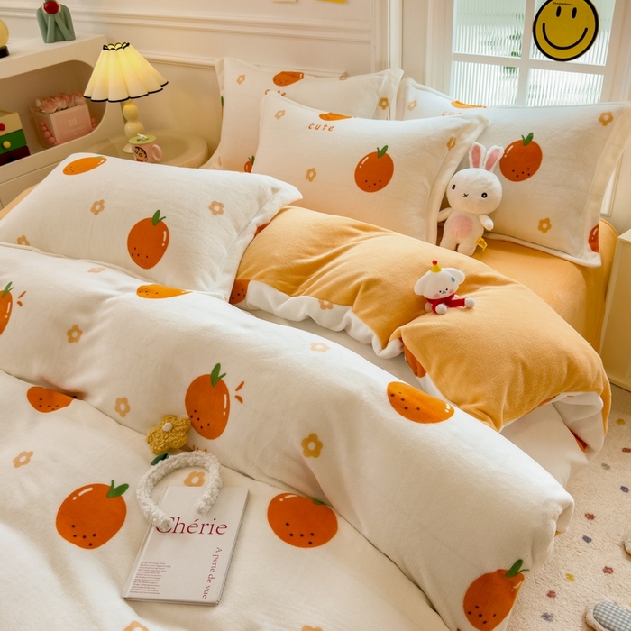 91家纺网 家纺一手货源 找家纺 丝羽坊 2025新款200克加厚小清新牛奶绒床单款 床笠款四件套 被套 心想事橙