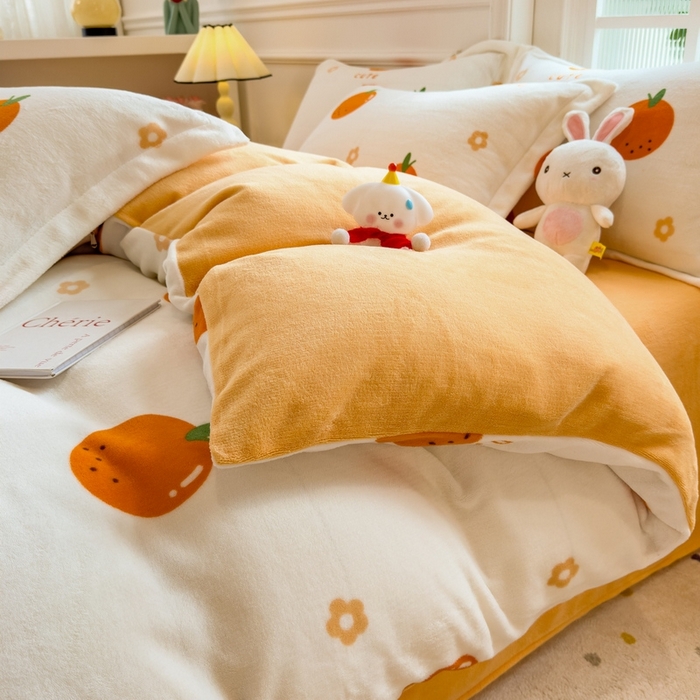 91家纺网 家纺一手货源 找家纺 丝羽坊 2025新款200克加厚小清新牛奶绒床单款 床笠款四件套 被套 心想事橙