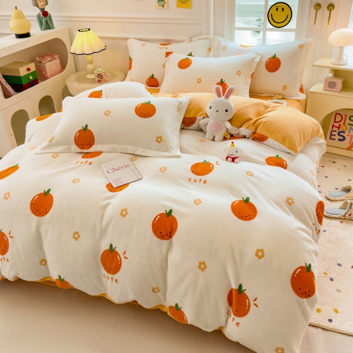 91家纺网 家纺一手货源 找家纺 丝羽坊 2025新款200克加厚小清新牛奶绒床单款 床笠款四件套 被套 心想事橙