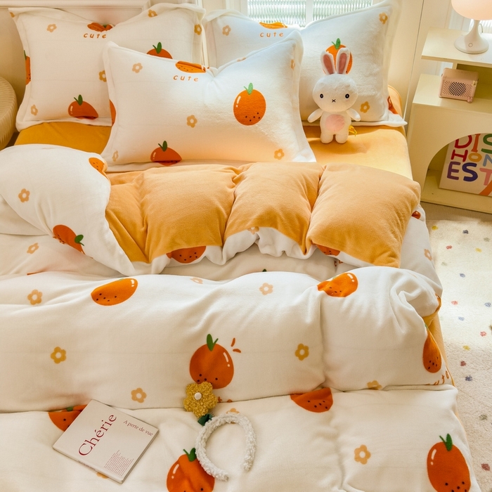 91家纺网 家纺一手货源 找家纺 丝羽坊 2025新款200克加厚小清新牛奶绒床单款 床笠款四件套 被套 心想事橙