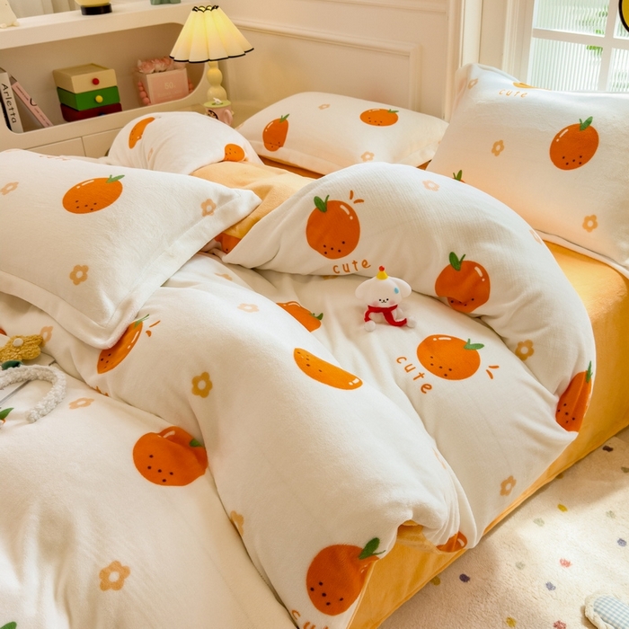 91家纺网 家纺一手货源 找家纺 丝羽坊 2025新款200克加厚小清新牛奶绒床单款 床笠款四件套 被套 心想事橙