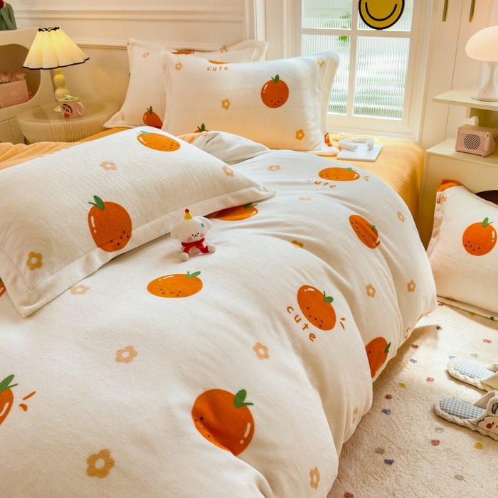 91家纺网 家纺一手货源 找家纺 丝羽坊 2025新款200克加厚小清新牛奶绒床单款 床笠款四件套 被套 心想事橙