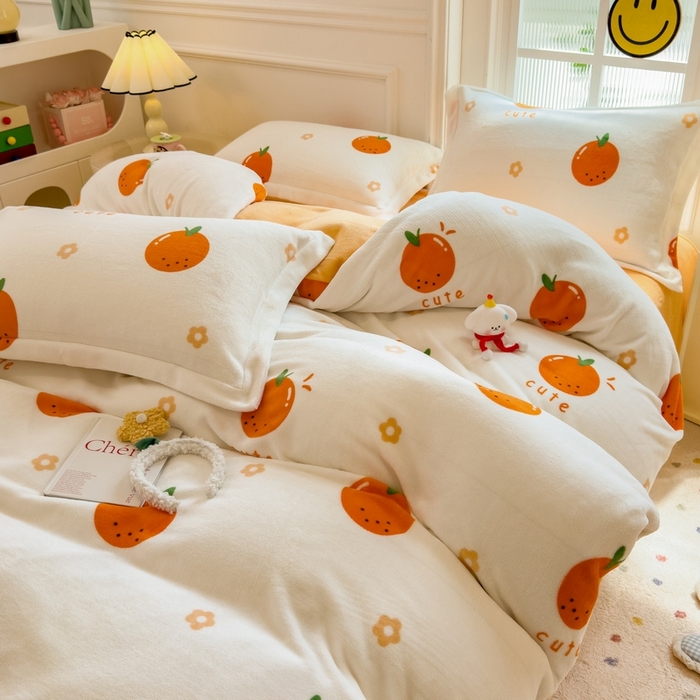 91家纺网 家纺一手货源 找家纺 丝羽坊 2025新款200克加厚小清新牛奶绒床单款 床笠款四件套 被套 心想事橙