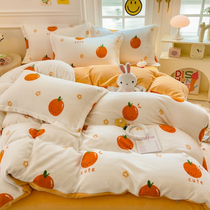 91家纺网 家纺一手货源 找家纺 丝羽坊 2025新款200克加厚小清新牛奶绒床单款 床笠款四件套 被套 心想事橙