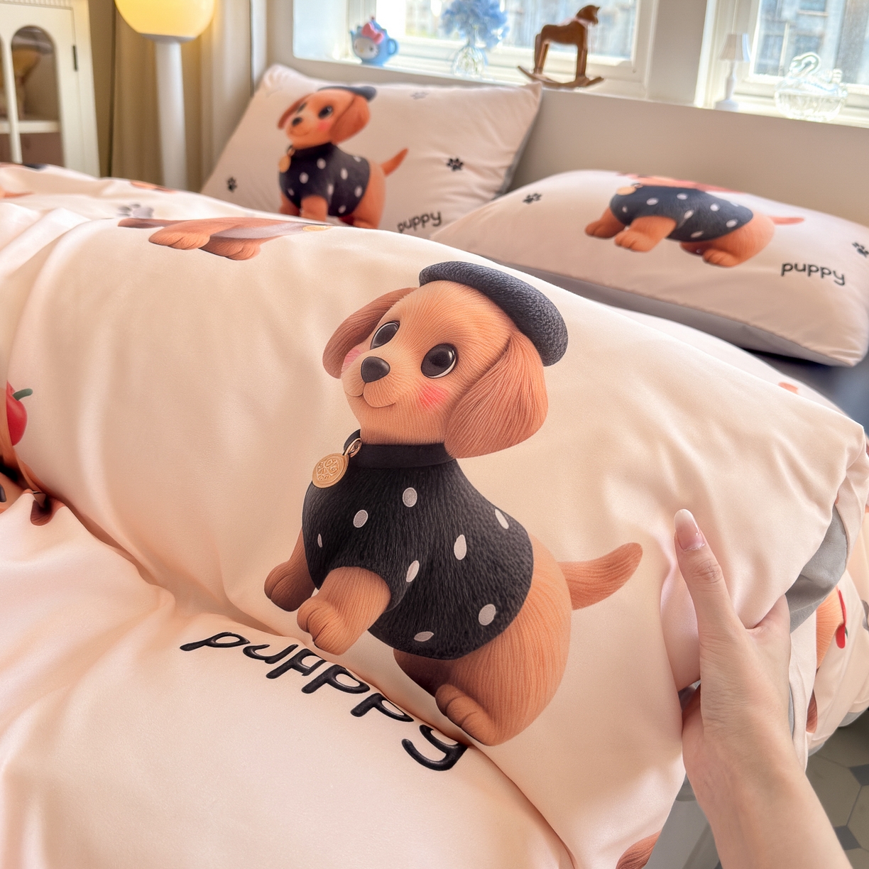 91家纺网 家纺一手货源 找家纺 优卡迪家纺馆 2025新款110克5D数码印花四件套 呆萌狗狗