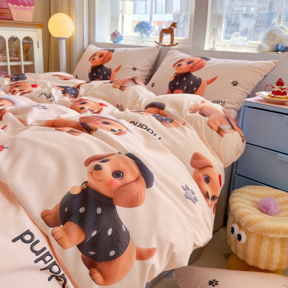 91家纺网 家纺一手货源 找家纺 优卡迪家纺馆 2025新款110克5D数码印花四件套 呆萌狗狗