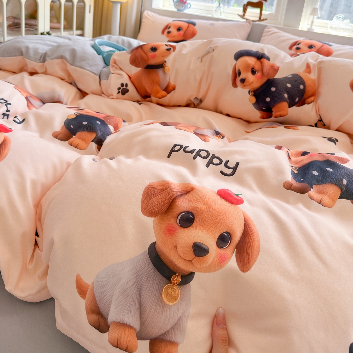 91家纺网 家纺一手货源 找家纺 优卡迪家纺馆 2025新款110克5D数码印花四件套 呆萌狗狗