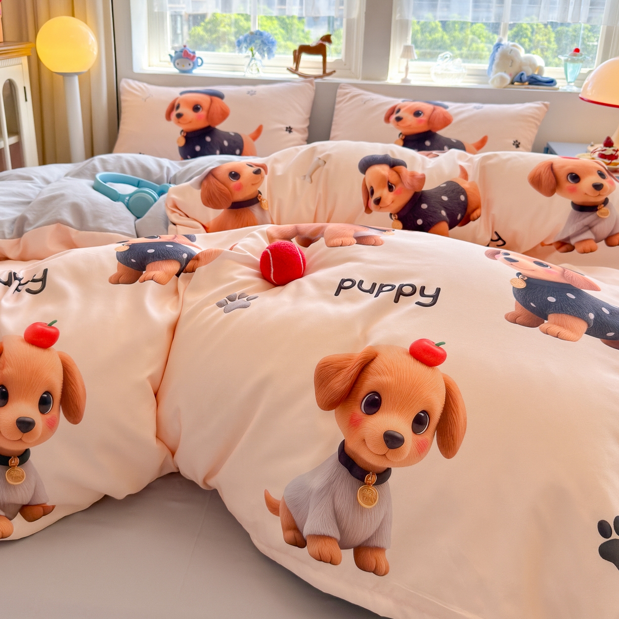 91家纺网 家纺一手货源 找家纺 优卡迪家纺馆 2025新款110克5D数码印花四件套 呆萌狗狗