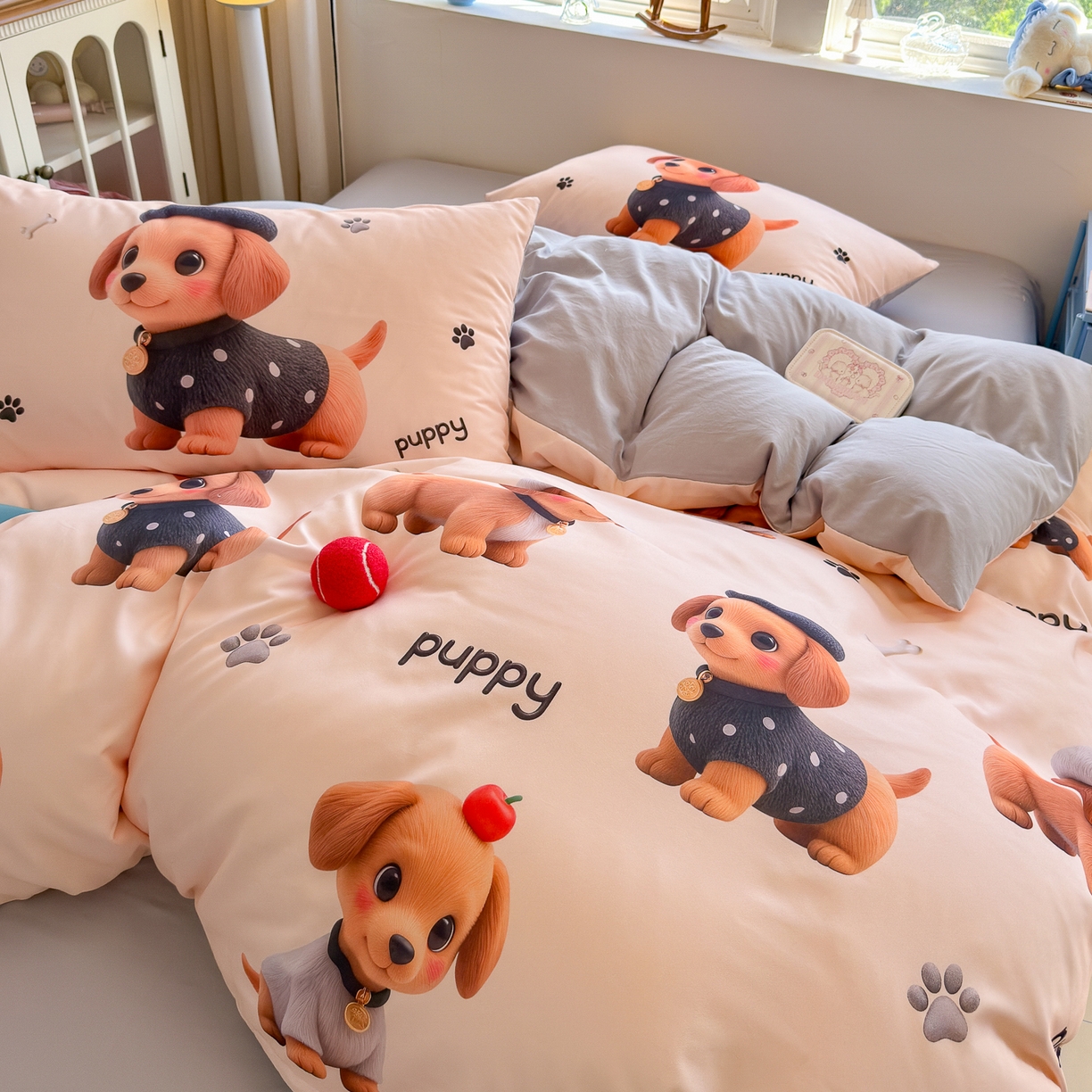 91家纺网 家纺一手货源 找家纺 优卡迪家纺馆 2025新款110克5D数码印花四件套 呆萌狗狗