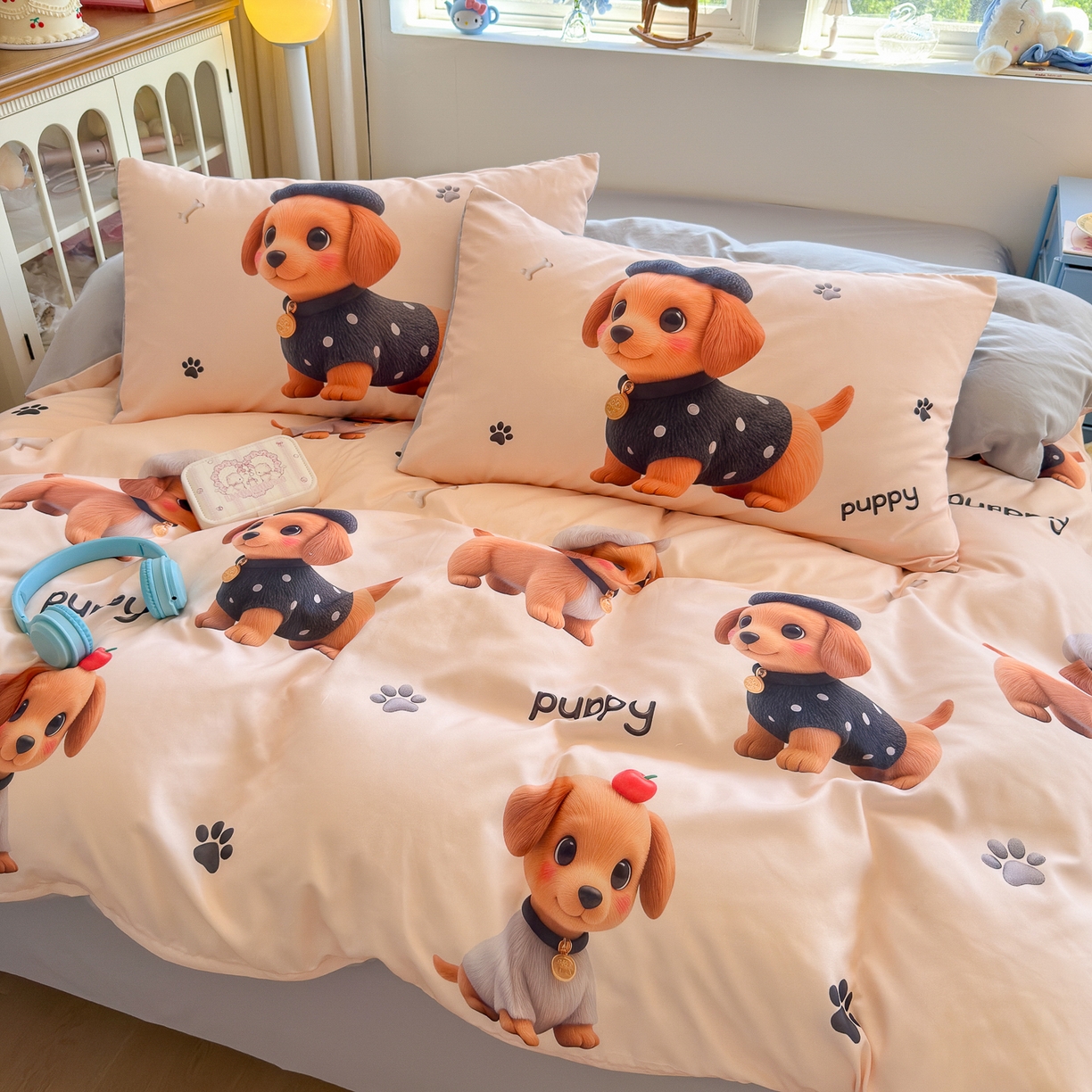 91家纺网 家纺一手货源 找家纺 优卡迪家纺馆 2025新款110克5D数码印花四件套 呆萌狗狗