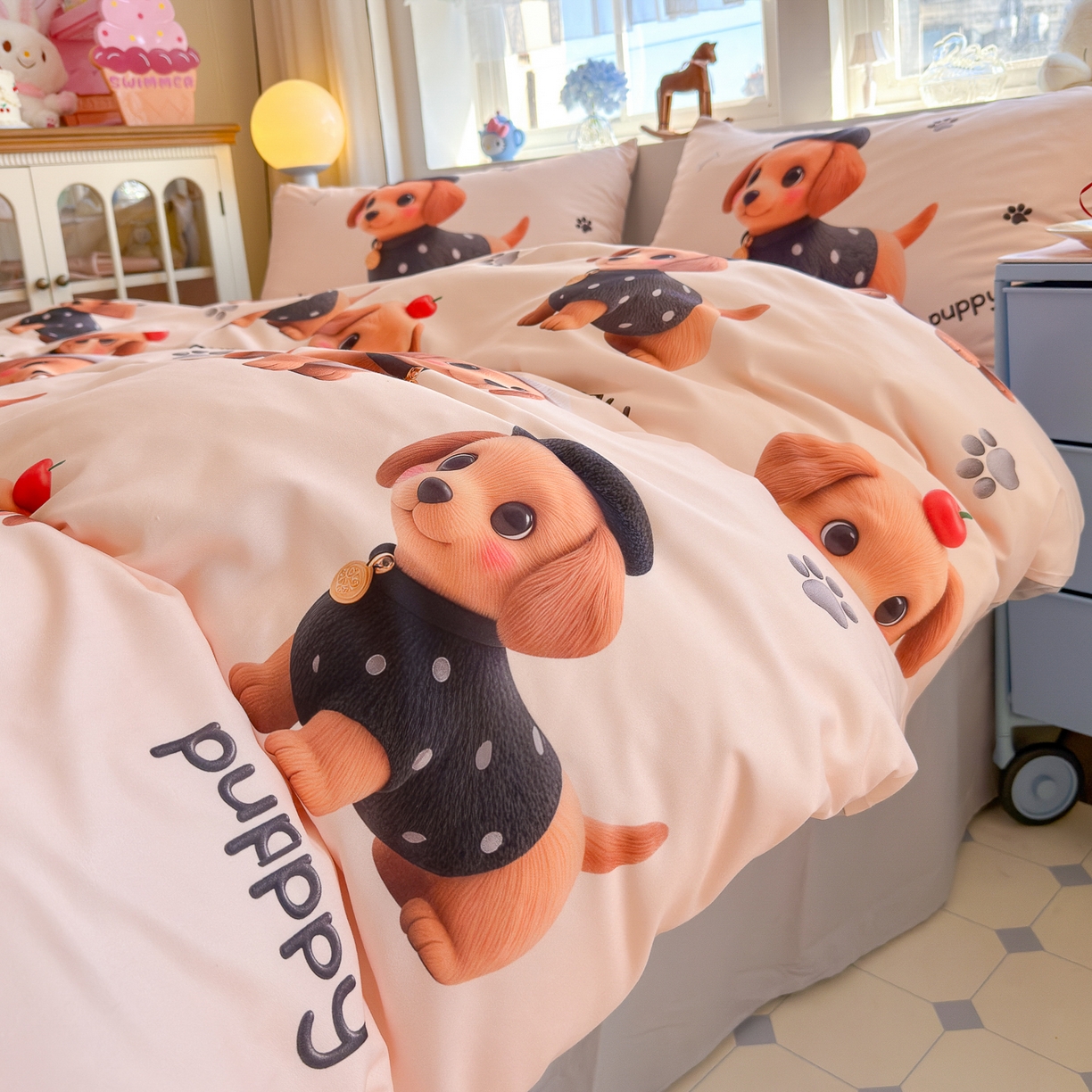 91家纺网 家纺一手货源 找家纺 优卡迪家纺馆 2025新款110克5D数码印花四件套 呆萌狗狗