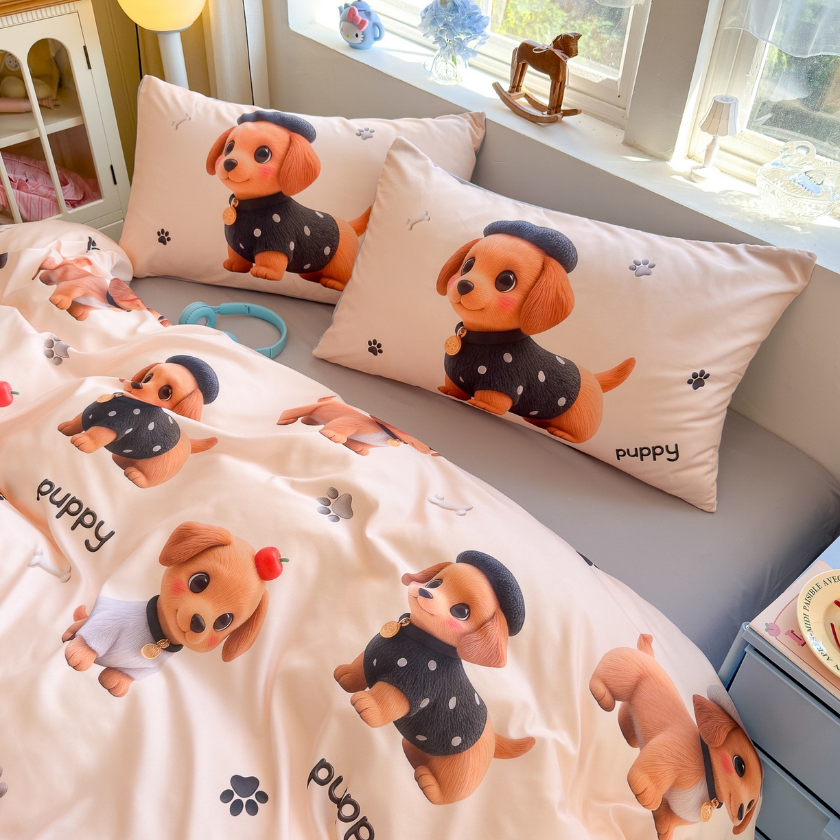 91家纺网 家纺一手货源 找家纺 优卡迪家纺馆 2025新款110克5D数码印花四件套 呆萌狗狗