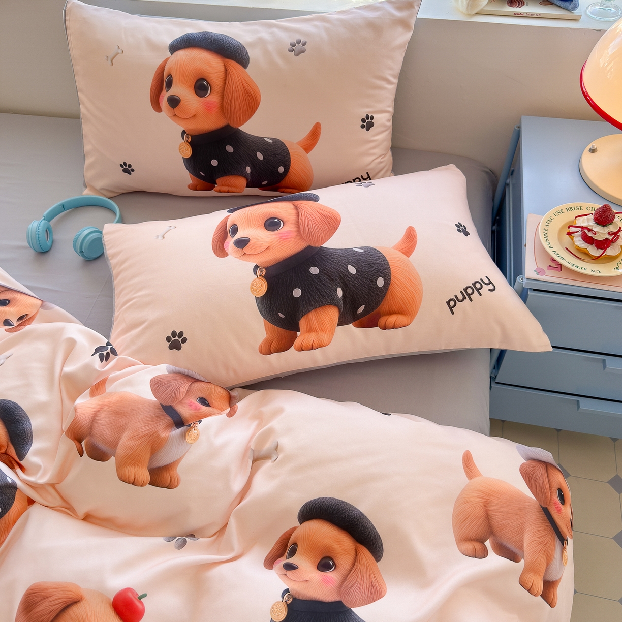 91家纺网 家纺一手货源 找家纺 优卡迪家纺馆 2025新款110克5D数码印花四件套 呆萌狗狗