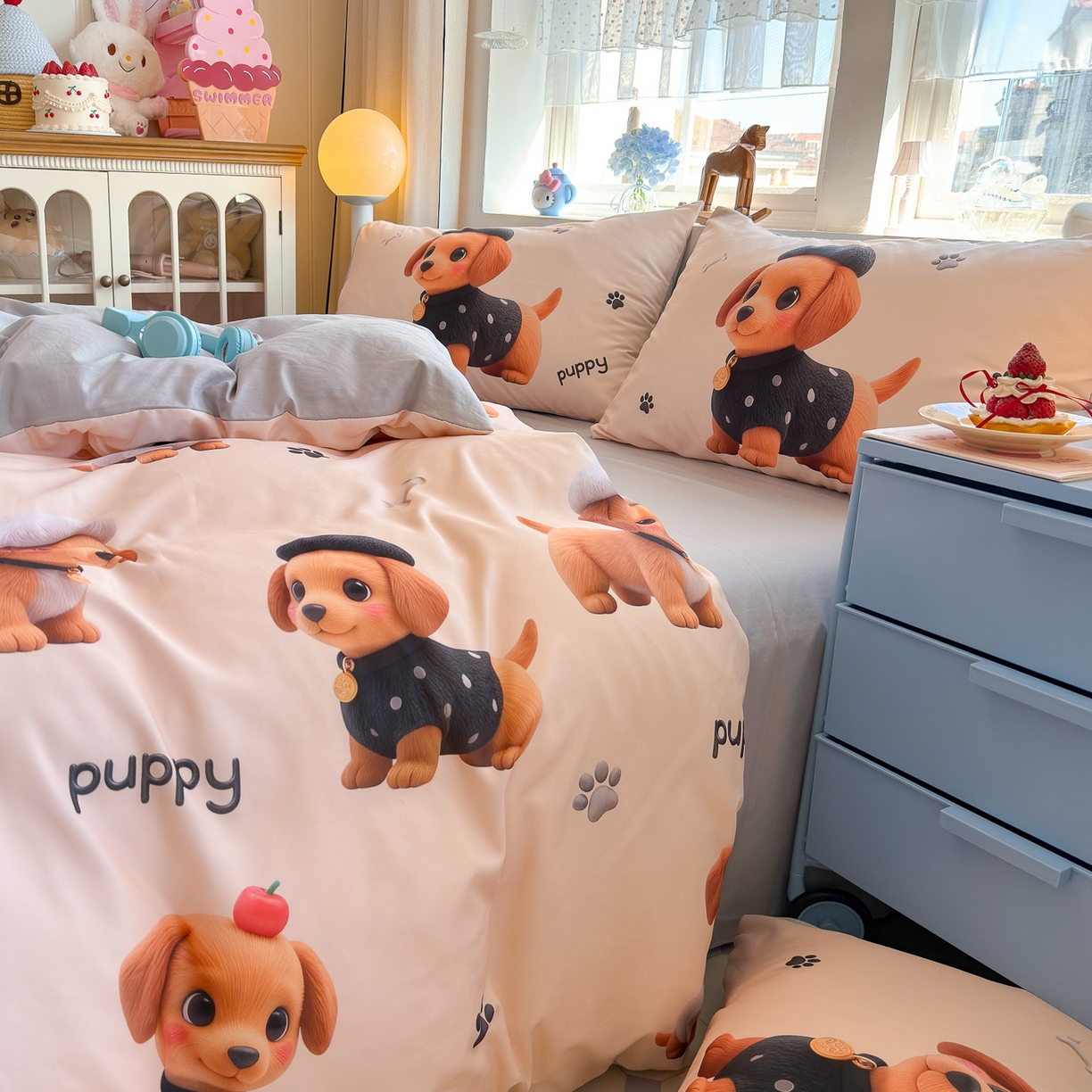 91家纺网 家纺一手货源 找家纺 优卡迪家纺馆 2025新款110克5D数码印花四件套 呆萌狗狗