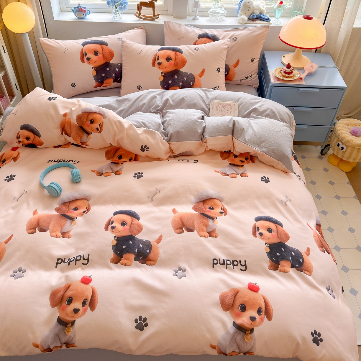 91家纺网 家纺一手货源 找家纺 优卡迪家纺馆 2025新款110克5D数码印花四件套 呆萌狗狗