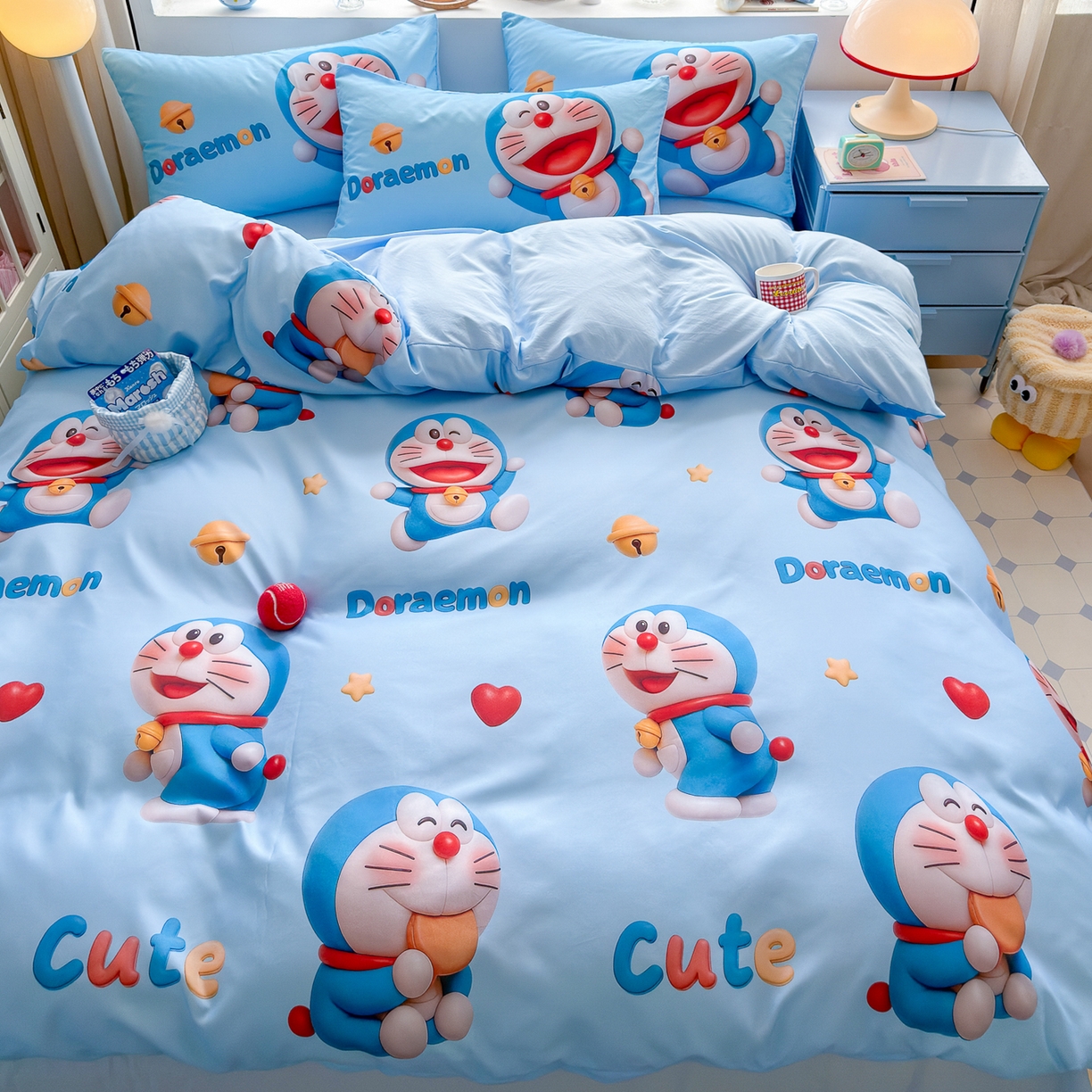 91家纺网 家纺一手货源 找家纺 优卡迪家纺馆 2025新款110克5D数码印花四件套 开心蓝猫