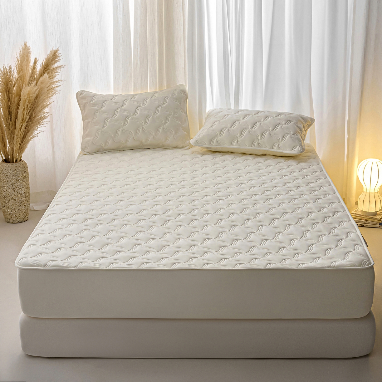 91家纺网 家纺一手货源 找家纺 X猫先生 2025新款A类原棉大豆防水床笠隔尿夹棉床笠床垫保护罩外贸跨境 爱恋-米白