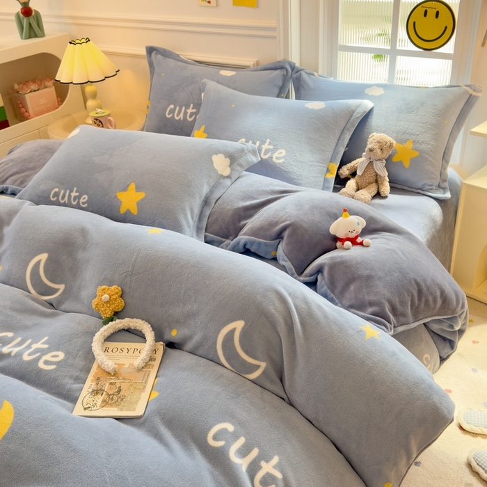 91家纺网 家纺一手货源 找家纺 丝羽坊 2025新款200克加厚小清新牛奶绒床单款 床笠款四件套 被套 星空物语