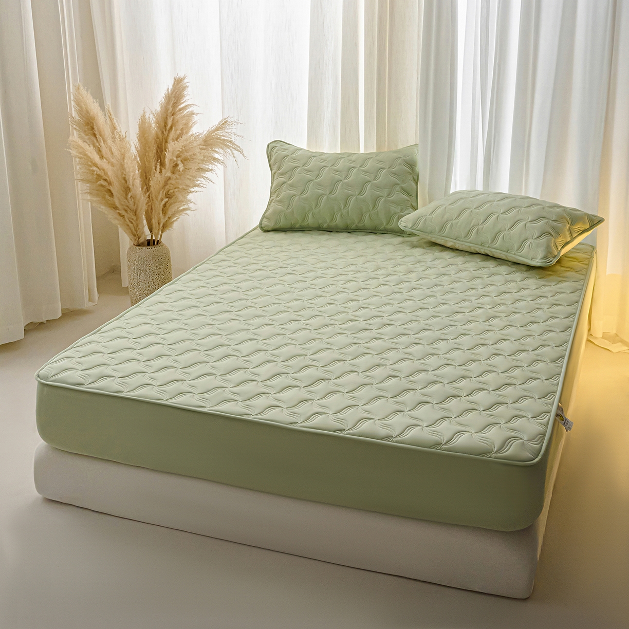91家纺网 家纺一手货源 找家纺 X猫先生 2025新款A类原棉大豆防水床笠隔尿夹棉床笠床垫保护罩外贸跨境 爱恋-草绿