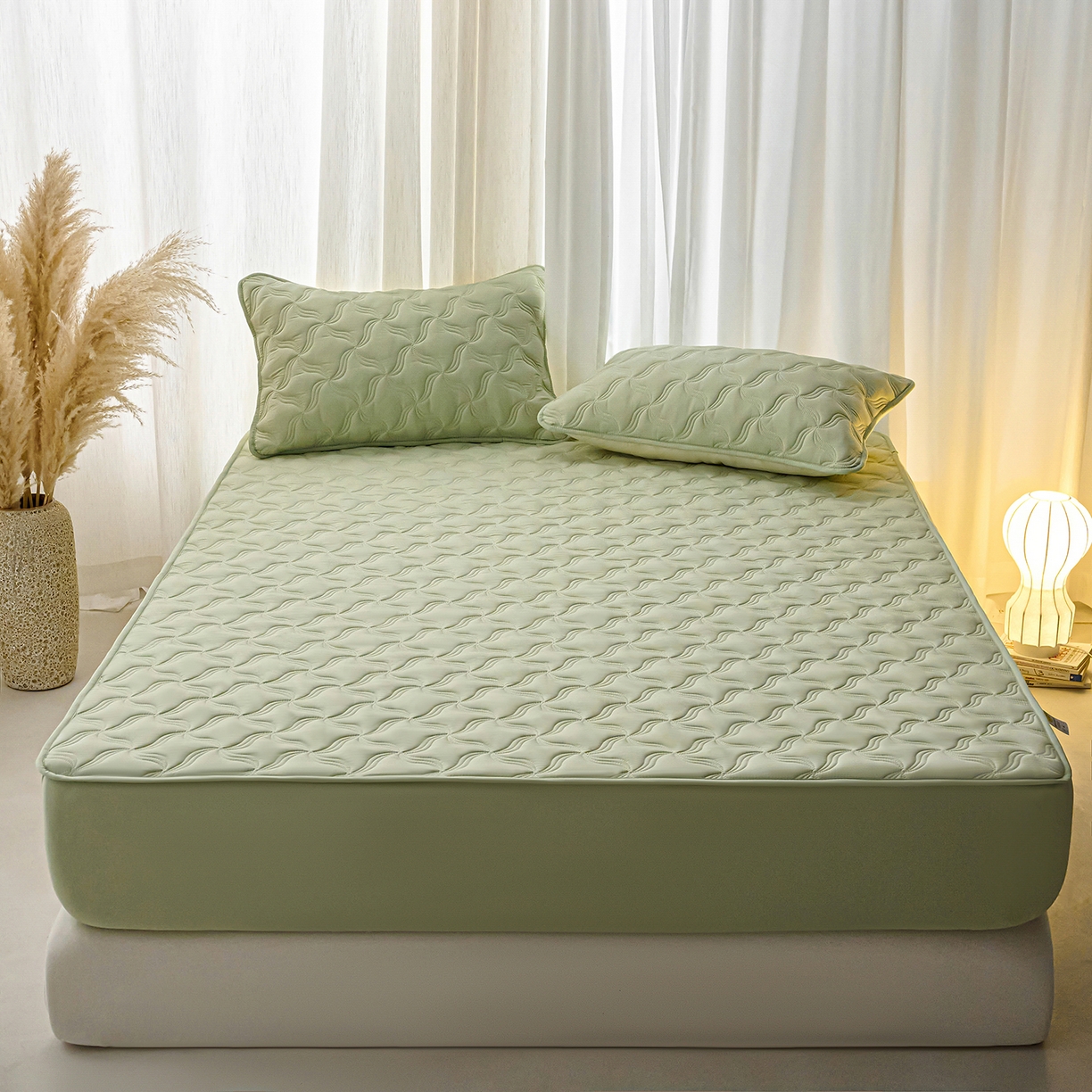 91家纺网 家纺一手货源 找家纺 X猫先生 2025新款A类原棉大豆防水床笠隔尿夹棉床笠床垫保护罩外贸跨境 爱恋-草绿