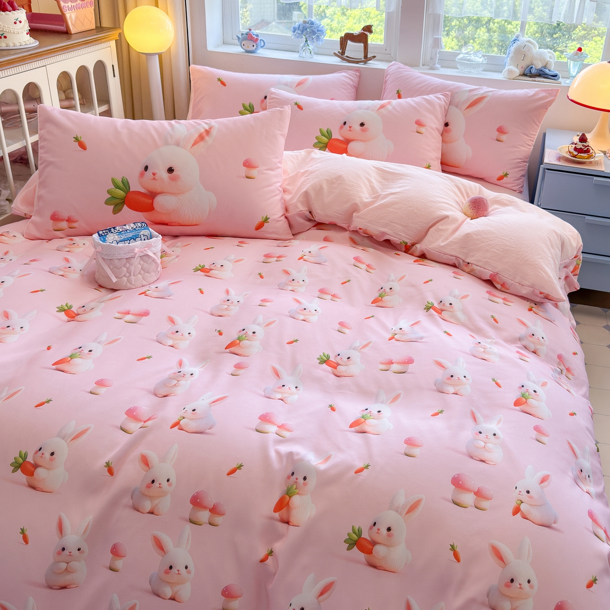 91家纺网 家纺一手货源 找家纺 优卡迪家纺馆 2025新款110克5D数码印花四件套 萝卜小兔