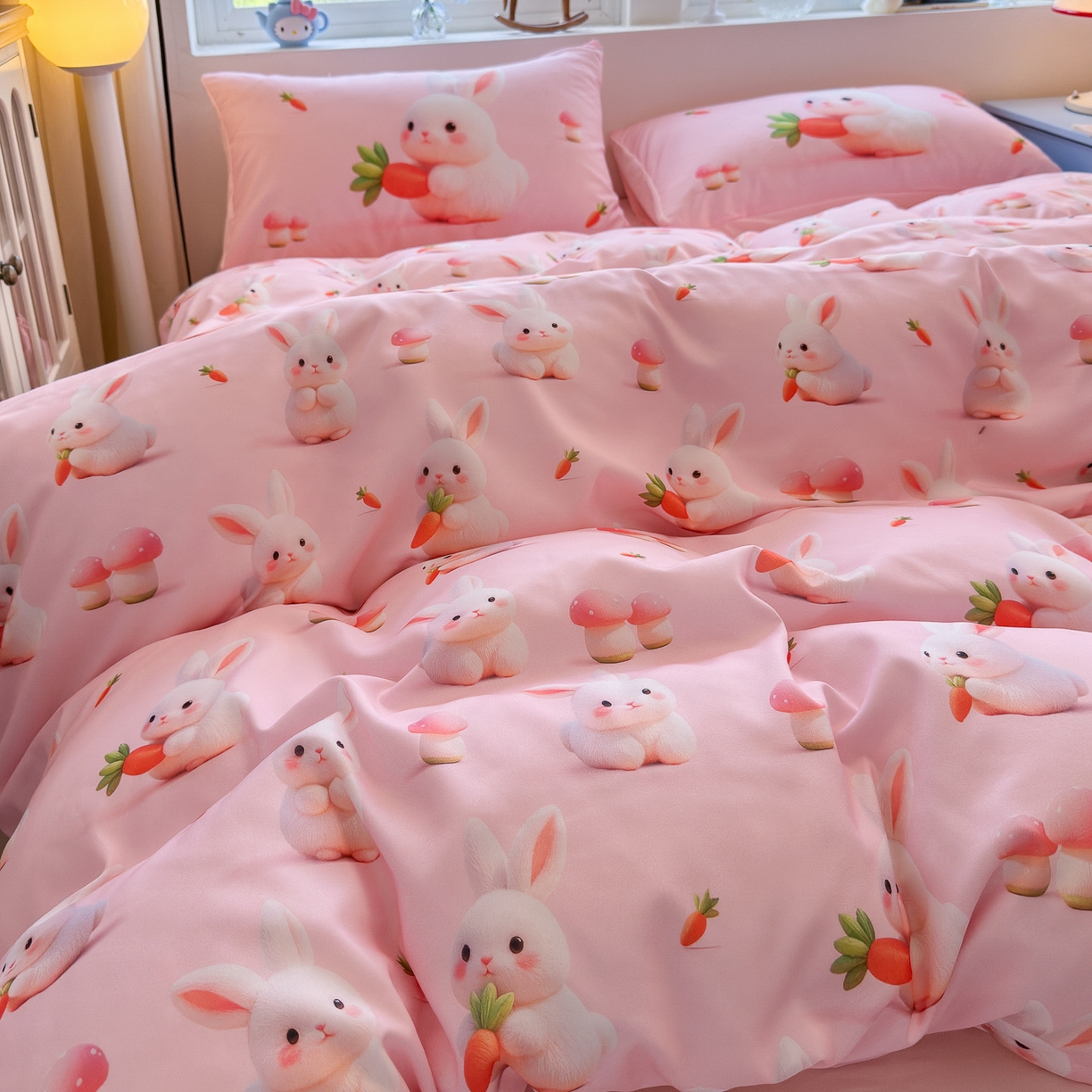 91家纺网 家纺一手货源 找家纺 优卡迪家纺馆 2025新款110克5D数码印花四件套 萝卜小兔