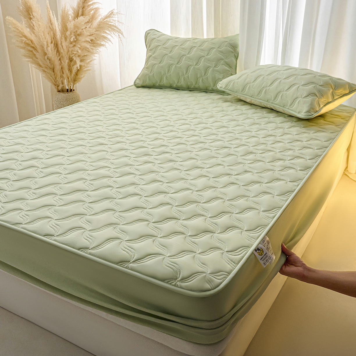 91家纺网 家纺一手货源 找家纺 X猫先生 2025新款A类原棉大豆防水床笠隔尿夹棉床笠床垫保护罩外贸跨境 爱恋-草绿