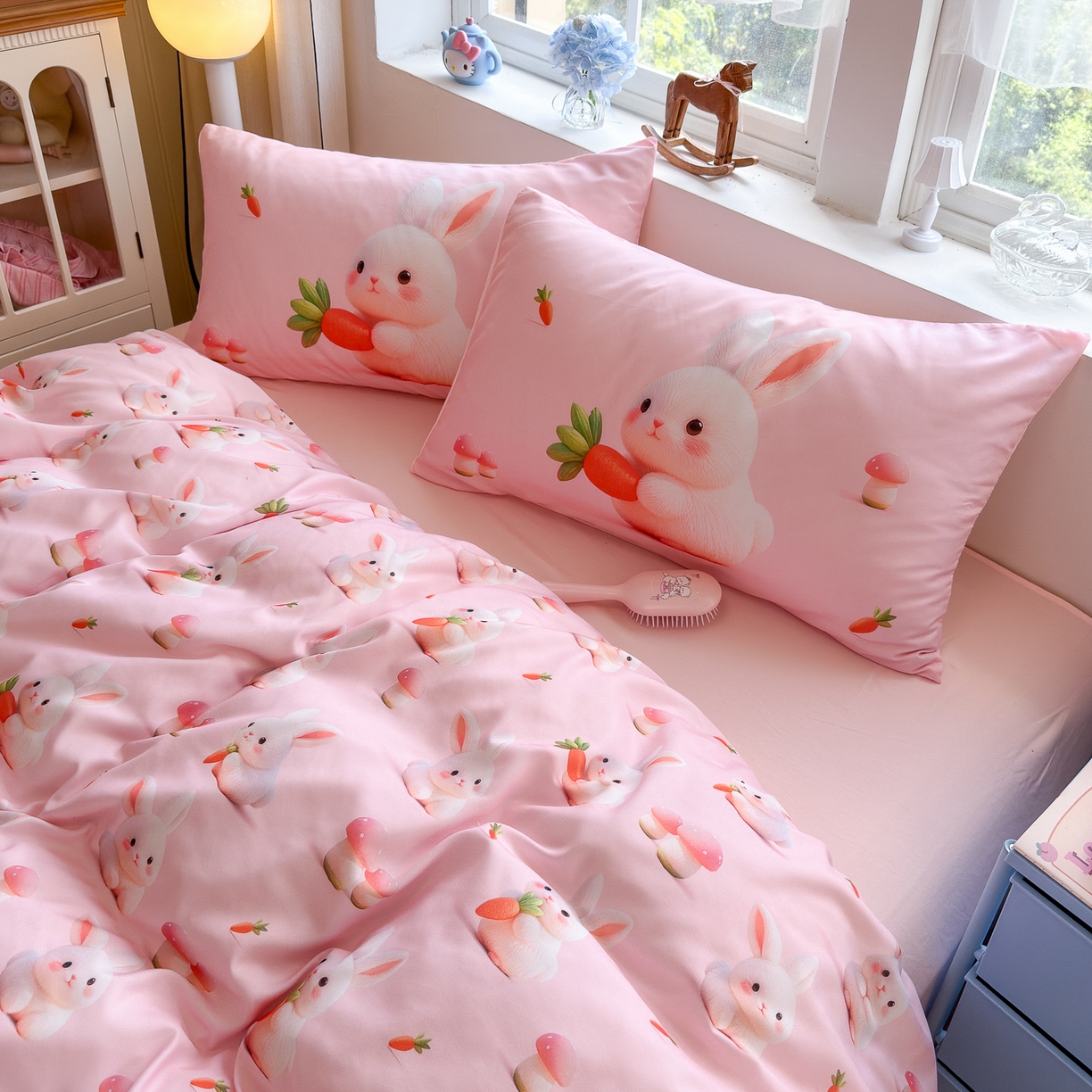 91家纺网 家纺一手货源 找家纺 优卡迪家纺馆 2025新款110克5D数码印花四件套 萝卜小兔