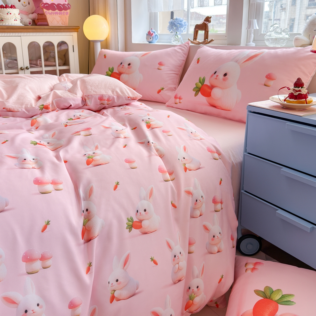 91家纺网 家纺一手货源 找家纺 优卡迪家纺馆 2025新款110克5D数码印花四件套 萝卜小兔