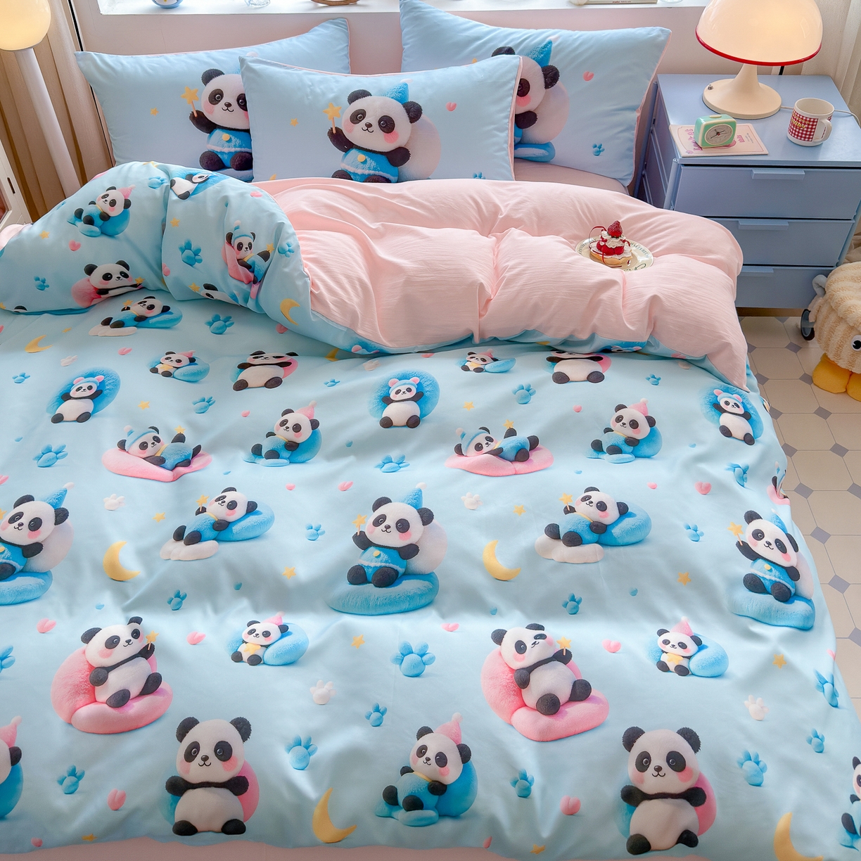 91家纺网 家纺一手货源 找家纺 优卡迪家纺馆 2025新款110克5D数码印花四件套 梦幻熊猫