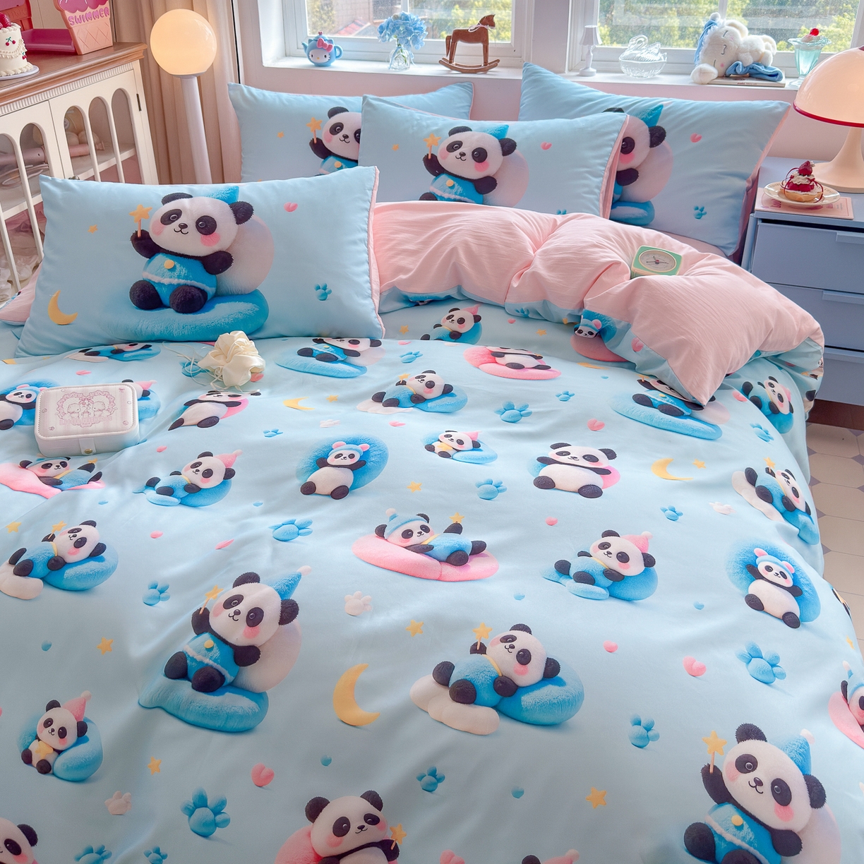 91家纺网 家纺一手货源 找家纺 优卡迪家纺馆 2025新款110克5D数码印花四件套 梦幻熊猫