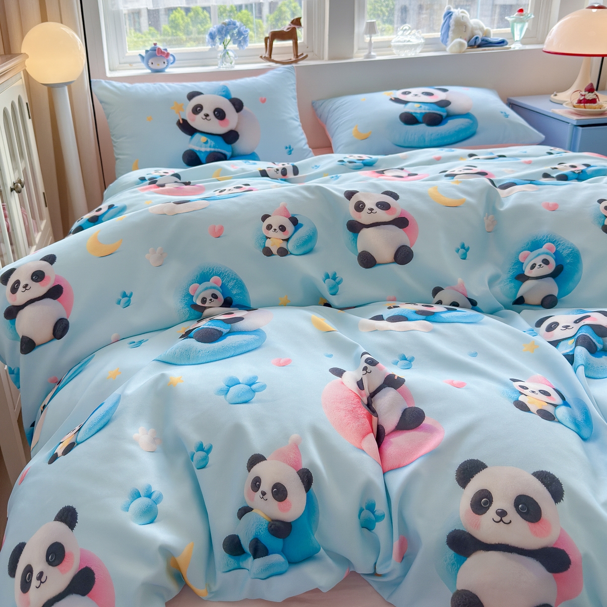 91家纺网 家纺一手货源 找家纺 优卡迪家纺馆 2025新款110克5D数码印花四件套 梦幻熊猫