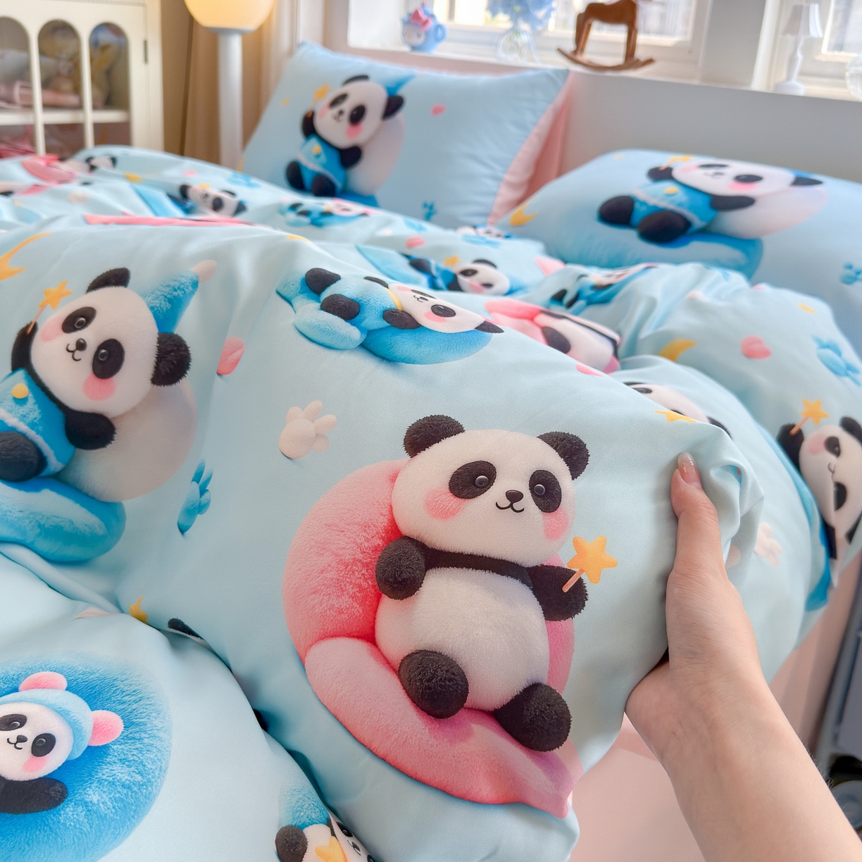 91家纺网 家纺一手货源 找家纺 优卡迪家纺馆 2025新款110克5D数码印花四件套 梦幻熊猫