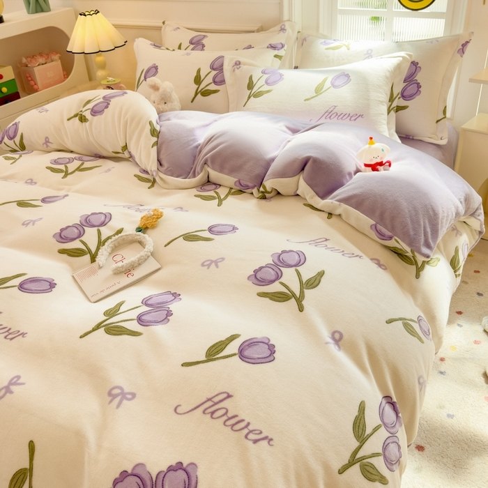 丝羽坊 2025新款200克加厚小清新牛奶绒床单款 床笠款四件套 被套 紫郁金香