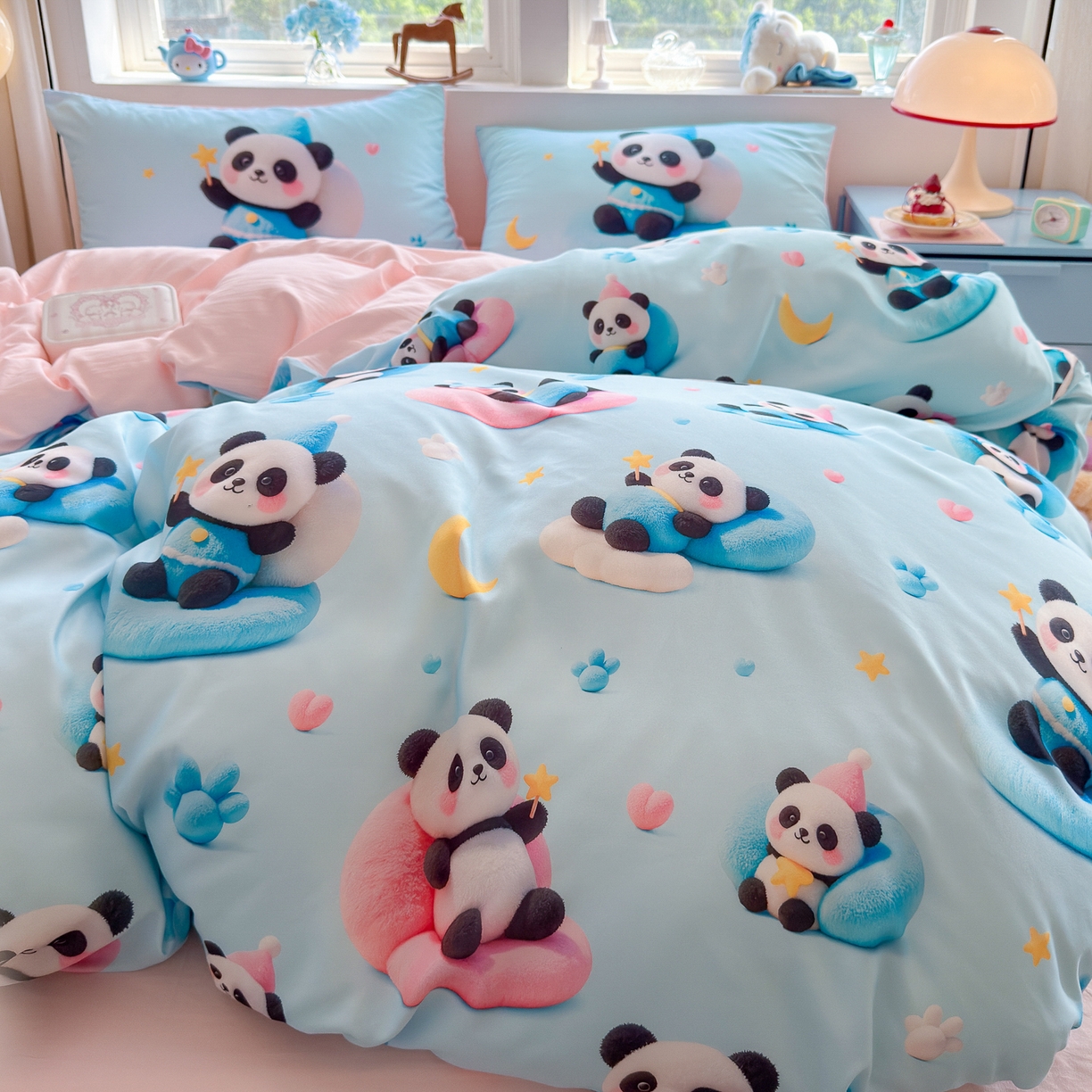 91家纺网 家纺一手货源 找家纺 优卡迪家纺馆 2025新款110克5D数码印花四件套 梦幻熊猫