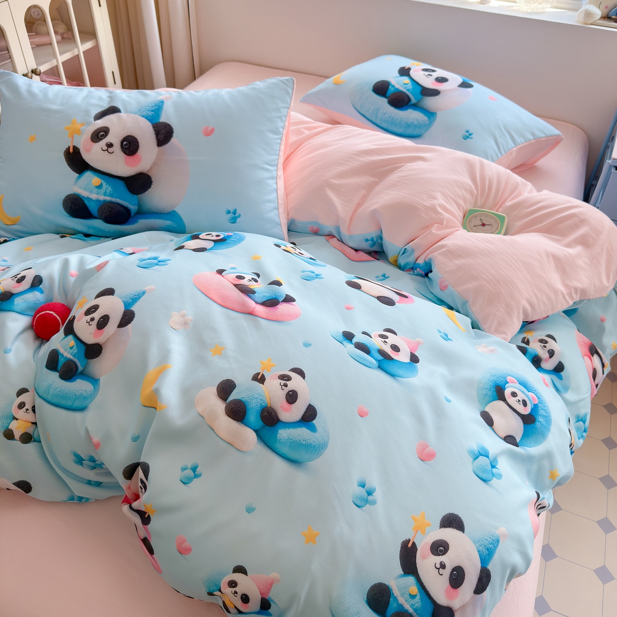 91家纺网 家纺一手货源 找家纺 优卡迪家纺馆 2025新款110克5D数码印花四件套 梦幻熊猫