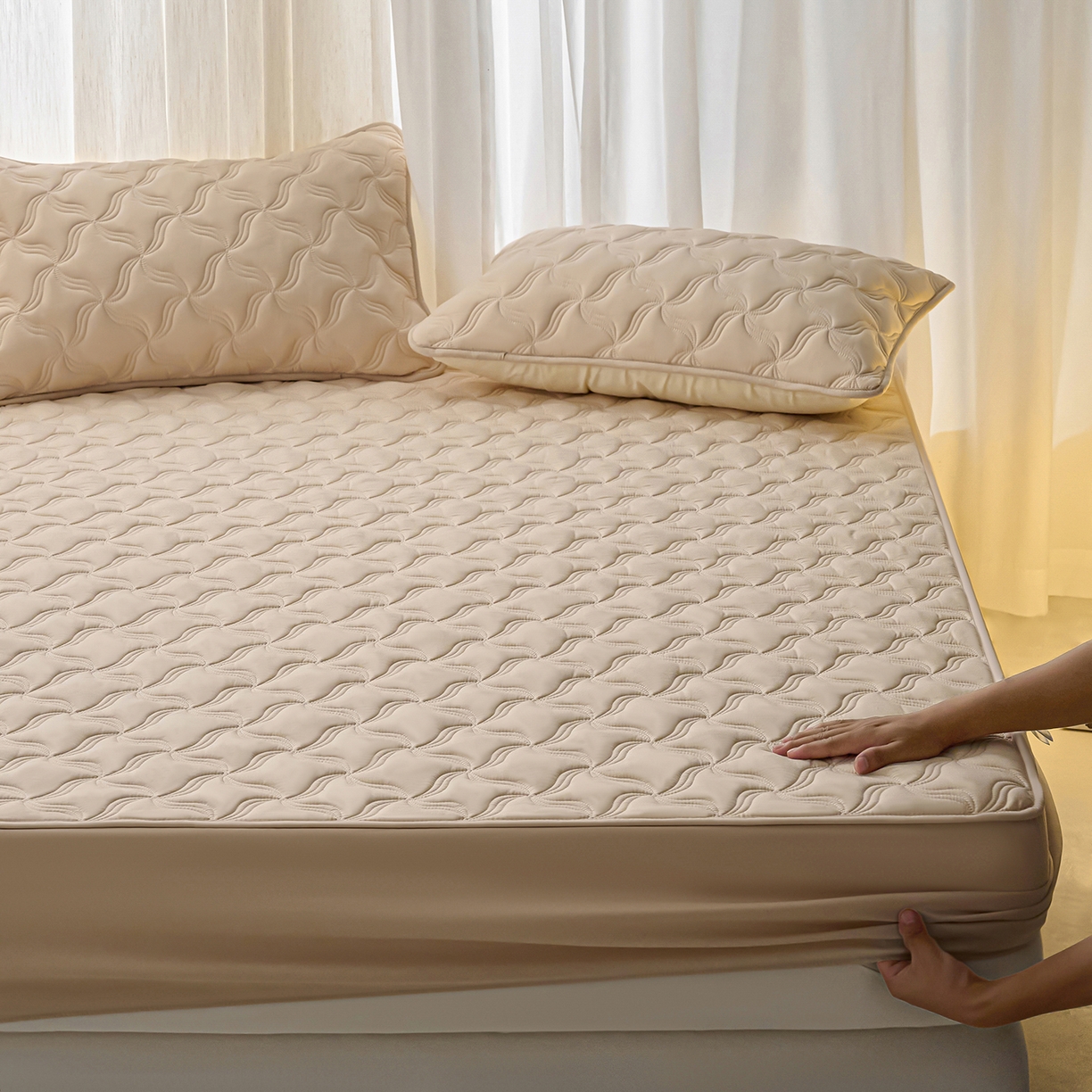 91家纺网 家纺一手货源 找家纺 X猫先生 2025新款A类原棉大豆防水床笠隔尿夹棉床笠床垫保护罩外贸跨境 爱恋-卡其