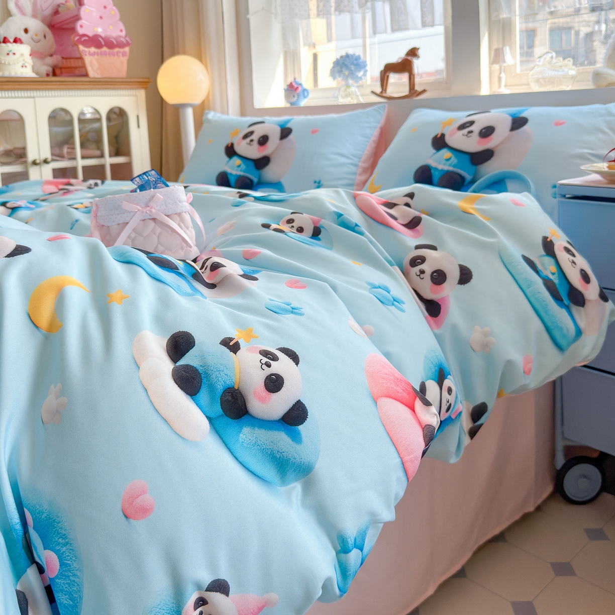 91家纺网 家纺一手货源 找家纺 优卡迪家纺馆 2025新款110克5D数码印花四件套 梦幻熊猫