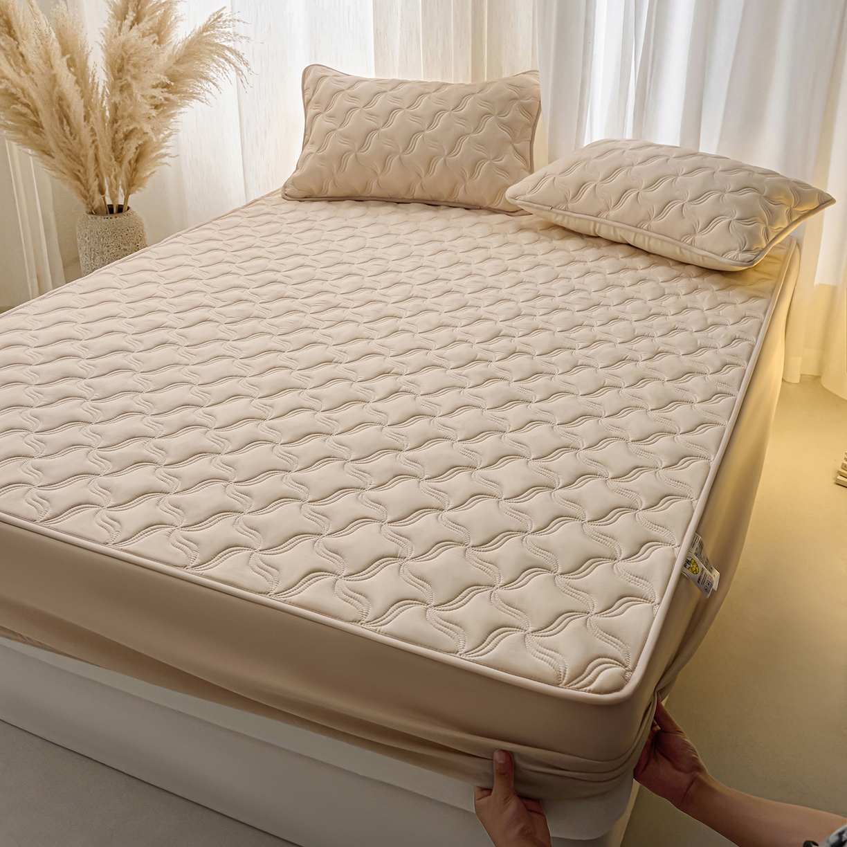 91家纺网 家纺一手货源 找家纺 X猫先生 2025新款A类原棉大豆防水床笠隔尿夹棉床笠床垫保护罩外贸跨境 爱恋-卡其