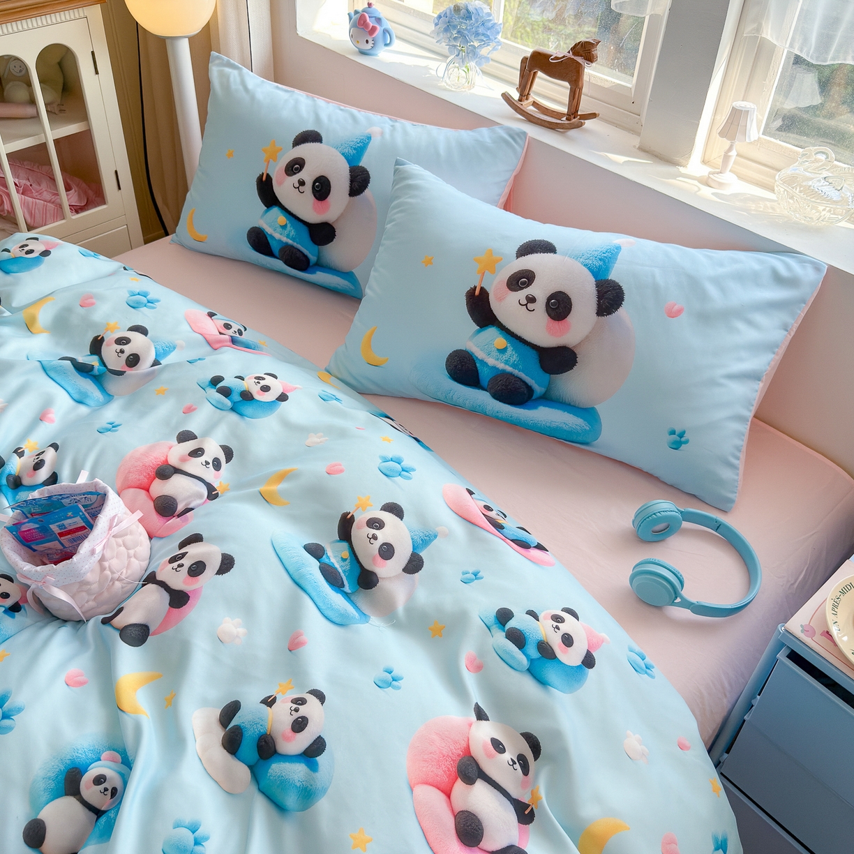 91家纺网 家纺一手货源 找家纺 优卡迪家纺馆 2025新款110克5D数码印花四件套 梦幻熊猫