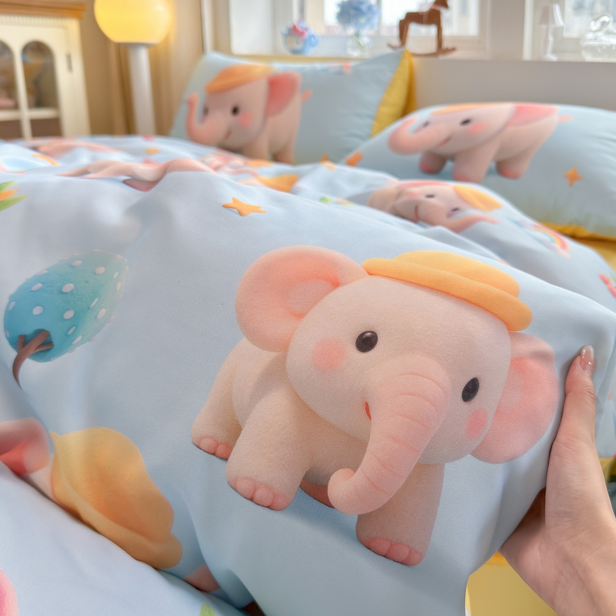 91家纺网 家纺一手货源 找家纺 优卡迪家纺馆 2025新款110克5D数码印花四件套 奇幻小象