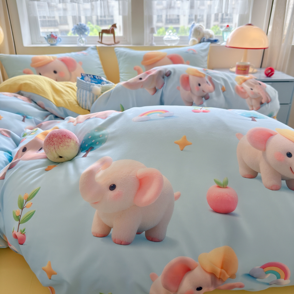 91家纺网 家纺一手货源 找家纺 优卡迪家纺馆 2025新款110克5D数码印花四件套 奇幻小象